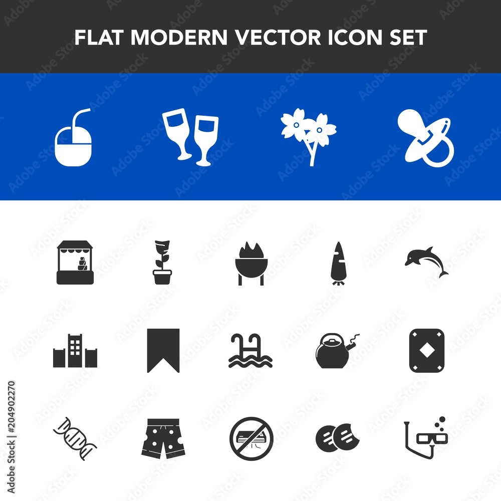 Modern, simple vector icon set with raw, kid, vegetable, wine, plant, hotel, meat, carrot, pacifier, nature, sign, flower, baby, pot, supermarket, bed, dolphin, drink, shop, internet, water icons