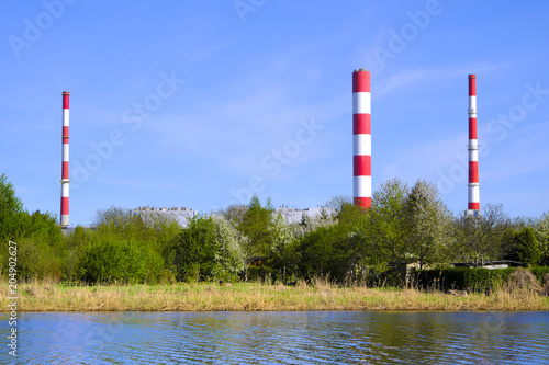 Warsaw, Poland - Siekierki Power and Heat Plant in Czerniakow quarter of Warsaw neighboring Czerniakowskie Lake nature reserve