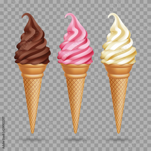 Set of realistic ice cream cones on transparent background. Vector Illustration