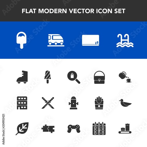 Modern, simple vector icon set with summer, hydrant, ice, chalk, cup, fruit, tea, sword, travel, van, icecream, pool, architecture, calendar, train, sport, drink, education, samurai, safety, bag icons