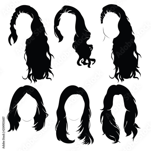 Set of hairstyles for women. Collection of black silhouettes of hairstyles for girls.