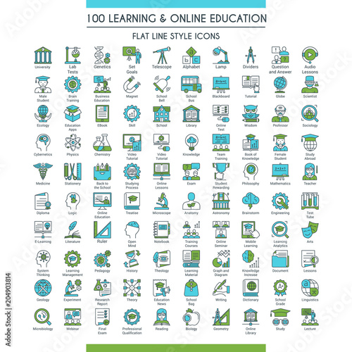 Learning and online education icons set. Modern icons on theme knowledge, scince, teaching, school and university. Flat line design icons collection. Vector illustration