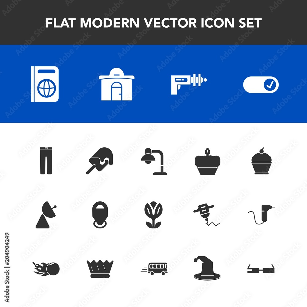 Modern, simple vector icon set with home, , dessert, cream, doughnut, science, blossom, technology, nature, lamp, signal, house, war, trousers, flower, document, real, antenna, food, weapon, pie icons