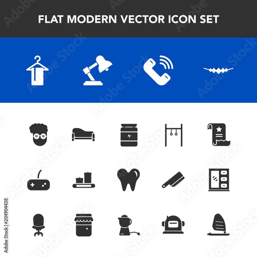 Modern, simple vector icon set with clothing, paper, athlete, button, exercise, hipster, document, office, jewelry, room, play, home, wind, interior, retro, accessory, phone, couch, style, file icons