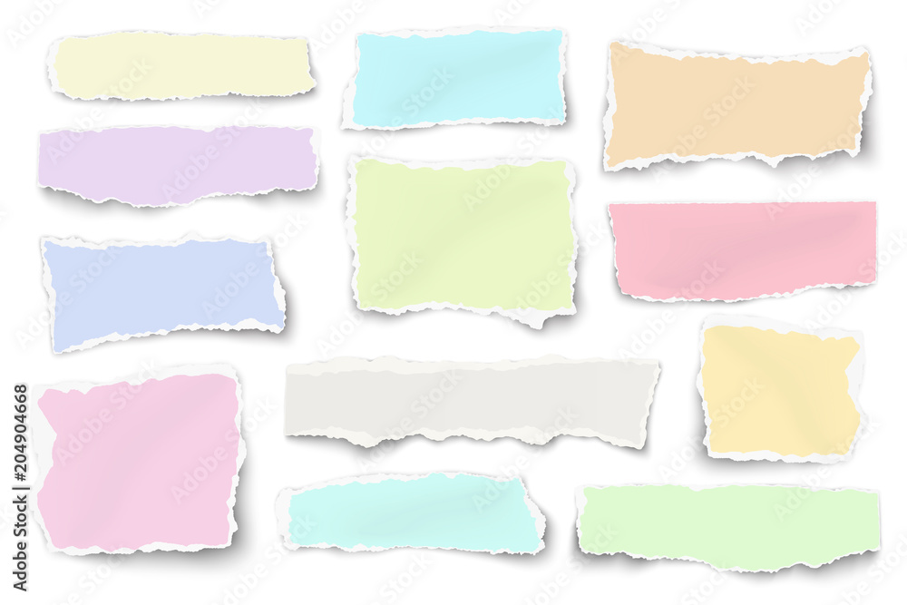 Set of different shapes and tinted paper scraps isolated on white background. Vector illustration.