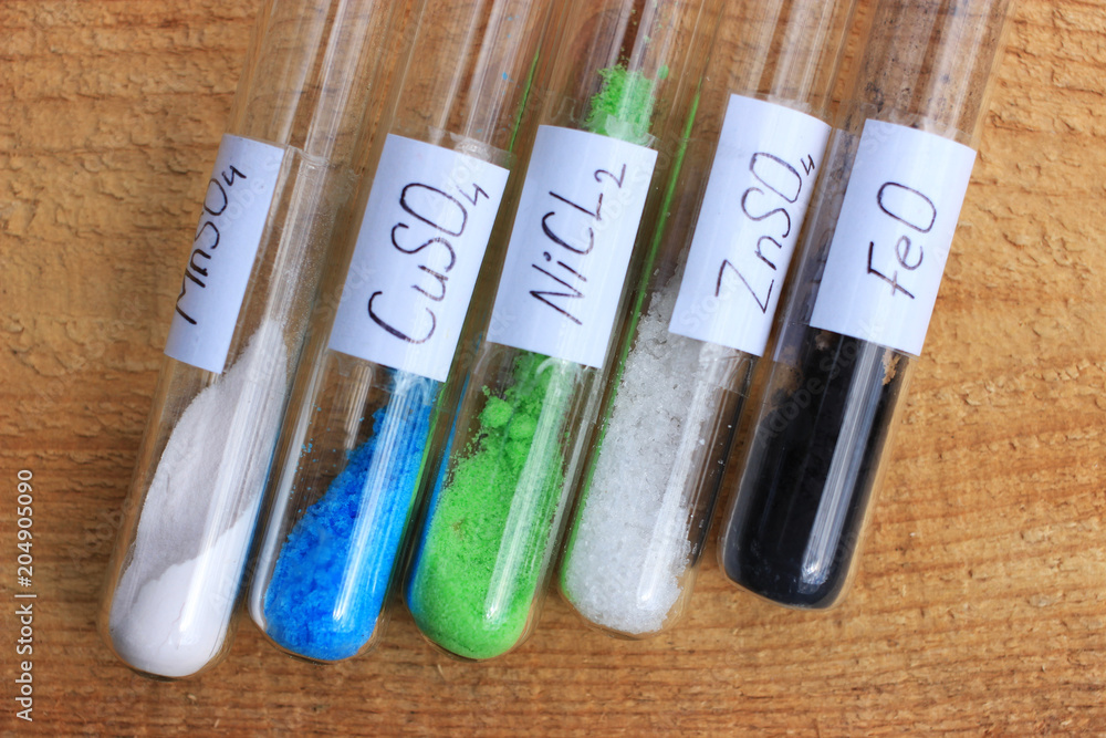 Chemical reagents in test tubes nickel chloride, zinc sulfate