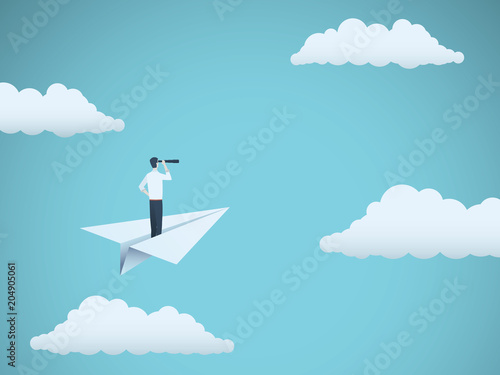 Business vision vector concept with businessman and telescope on paper plane. Symbol of business leadership, future, progress, strategy, motivation, ambition, achievement.