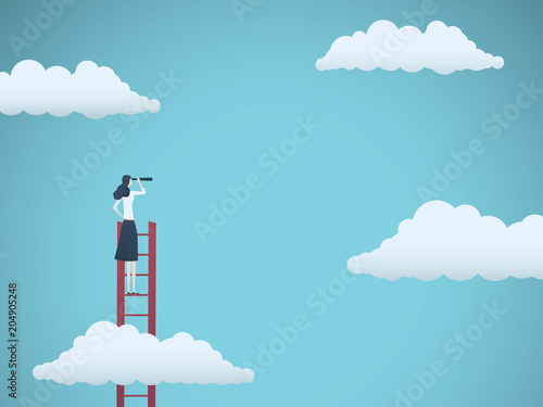 Business vision vector concept with business woman standing on top of ladder above clouds. Symbol of new opportunities, career ladder, visionary, success, promotion.