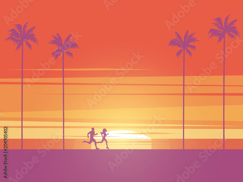 Man and woman running at sunrise or sunset on the beach with palm trees in background. Symbol of active, healthy, sport lifestyle.