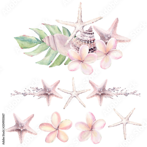 watercolor tropical fruits and flowers set