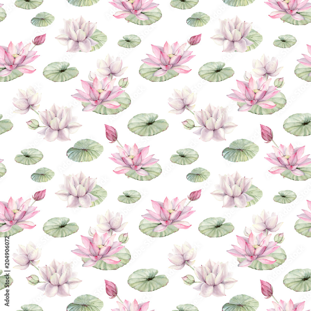 watercolor lotus flowers seamless pattern.