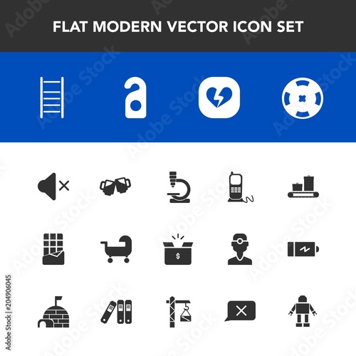 Modern, simple vector icon set with technology, cardboard, chocolate, privacy, bag, alcohol, poker, ladder, pack, volume, phone, microscope, luggage, carriage, money, telephone, science, beer icons