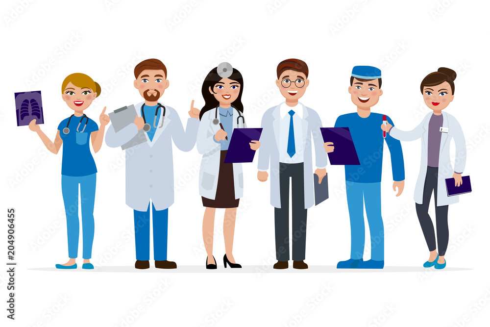 Medical staff cartoon characters vector flat illustration. Set of doctors isolated on white background. Medical team of cute people, group of hospital workers smiling and standing together.
