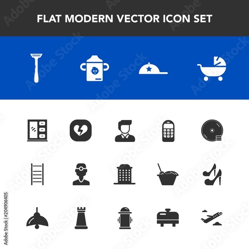 Modern, simple vector icon set with disc, food, dental, mobile, telephone, home, house, boy, razor, city, cd, disk, broken, phone, pram, baby, medicine, stroller, man, fashion, milk, old, heart icons