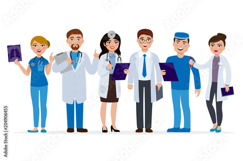 Medical staff cartoon characters vector flat illustration. Set of doctors isolated on white background. Medical team of cute people, group of hospital workers smiling and standing together.