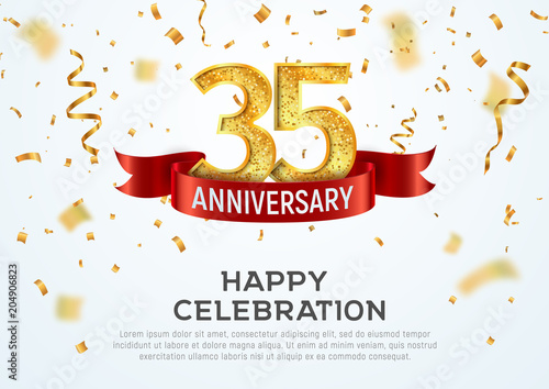 35 years anniversary vector banner template. Thirty five year jubilee with red ribbon and confetti on white background