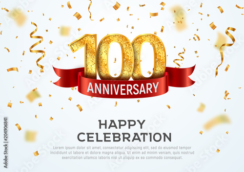 100 years anniversary vector banner template. Hundred year jubilee with red ribbon and confetti on white background