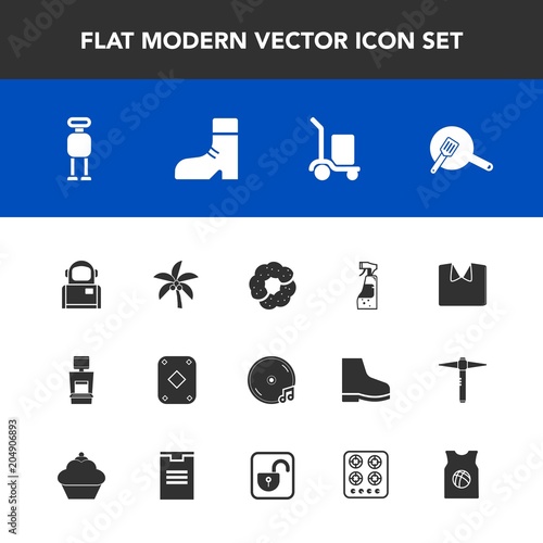Modern, simple vector icon set with music, housework, foot, poker, sweet, tropical, leaf, pan, white, machine, futuristic, fashion, palm, space, spray, delivery, cyborg, clothing, new, summer icons