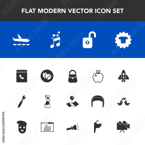 Modern, simple vector icon set with housework, travel, pin, musical, space, plane, clothes, rocket, airport, note, craft, security, pointer, technology, screen, location, sound, equipment, bag icons