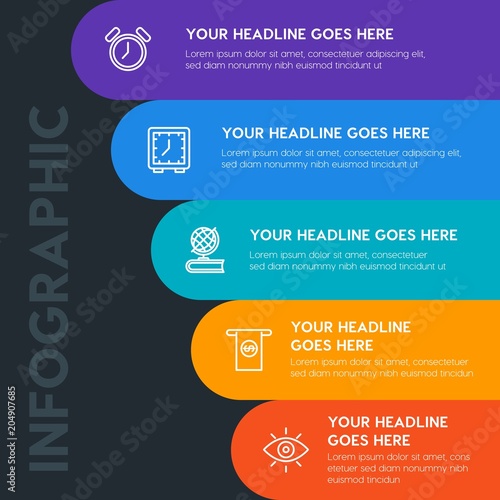 Flat money, time, education infographic steps template with 5 options for presentations, advertising, annual reports.