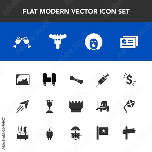 Modern, simple vector icon set with technology, wine, royal, winner, holiday, queen, picture, document, frame, circus, crown, first, rocket, space, plane, report, king, award, place, chart, gift icons
