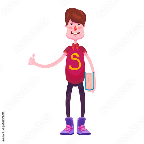 Happy schoolboy with knyoy showing thumb up standing on white background