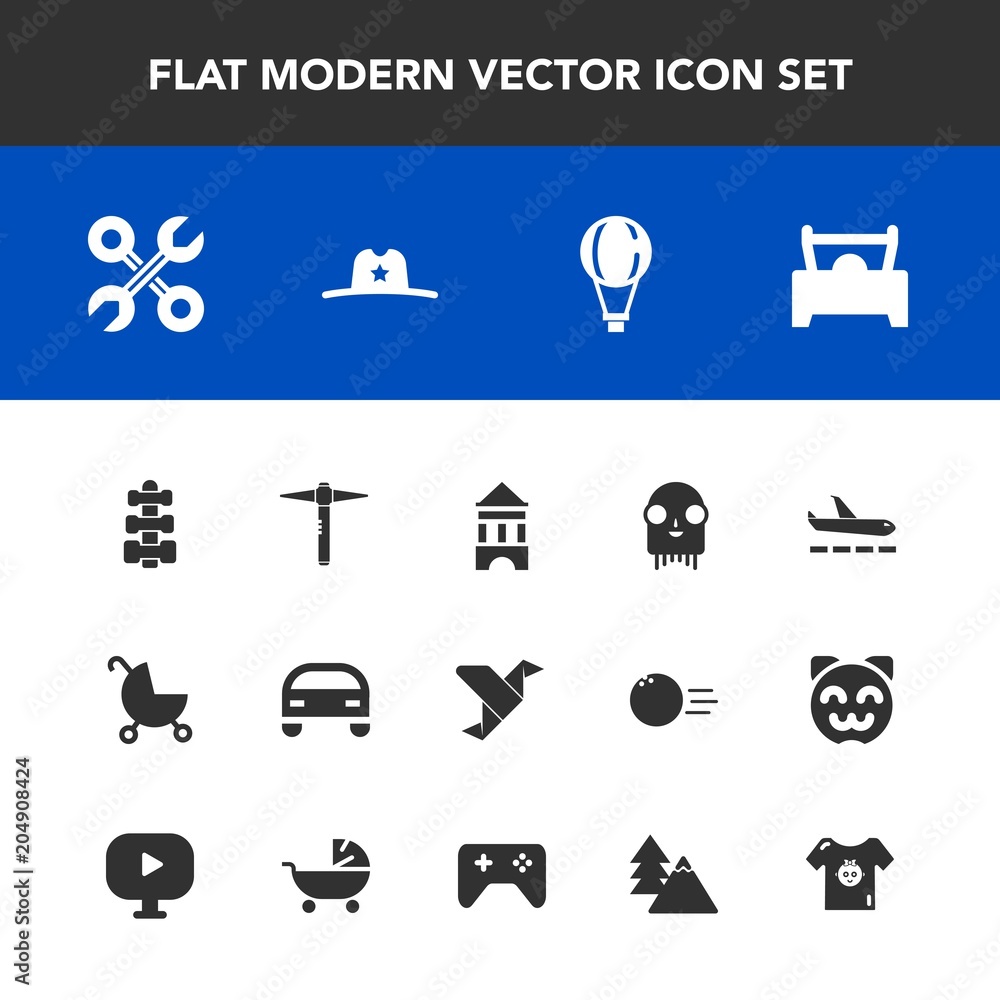 Modern, simple vector icon set with kid, repair, gym, car, carriage, baby, space, creative, parachute, clothing, hammer, fiction, service, tree, sheriff, paper, art, reparation, parachuting, ufo icons Modern, simple vector icon set with kid, repair, gym, car, carriage, baby, space, creative, parachute, clothing, hammer, fiction, service, tree, sheriff, paper, art, reparation, parachuting, ufo icons