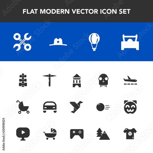 Modern, simple vector icon set with kid, repair, gym, car, carriage, baby, space, creative, parachute, clothing, hammer, fiction, service, tree, sheriff, paper, art, reparation, parachuting, ufo icons © Amid