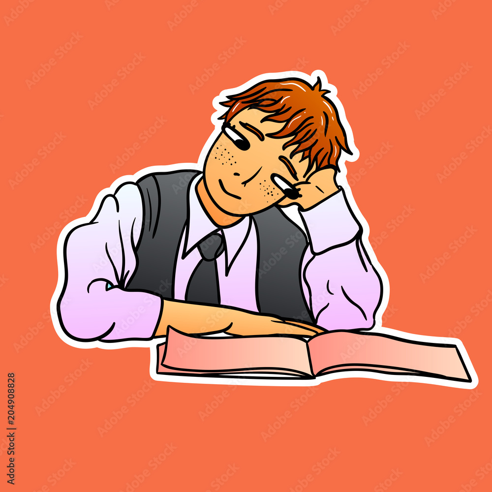 A thoughtful schoolboy sits and looks dreamily at the book A thoughtful schoolboy sits and looks dreamily at the book