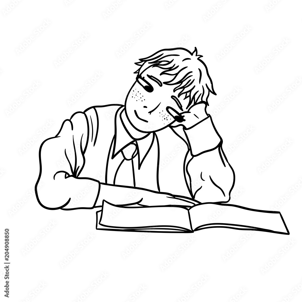 Raster drawing of a dreamy schoolboy with notebook Raster drawing of a dreamy schoolboy with notebook