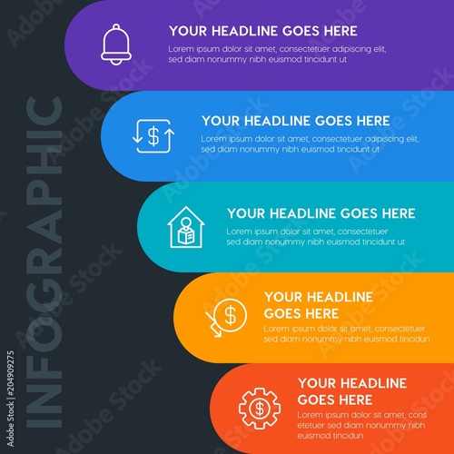 Flat money, time, education infographic steps template with 5 options for presentations, advertising, annual reports.