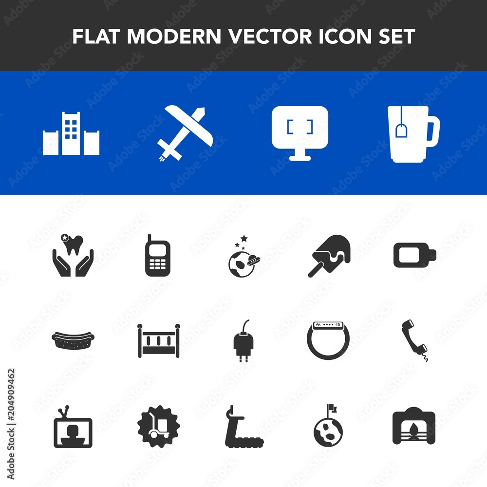 Modern, simple vector icon set with telephone, charger, airplane, cable, bed, food, hotel, monitor, old, home, tea, baby, drink, white, spaceship, meat, sweet, dental, child, computer, healthy icons Modern, simple vector icon set with telephone, charger, airplane, cable, bed, food, hotel, monitor, old, home, tea, baby, drink, white, spaceship, meat, sweet, dental, child, computer, healthy icons