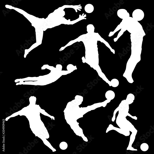 Raster set of silhouettes of football player with a ball on a black background
