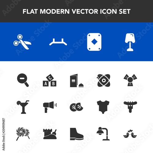 Modern, simple vector icon set with interior, love, tool, martini, footwear, star, cosmos, cookie, book, communication, sweet, game, web, play, table, dessert, bird, paper, cut, home, education icons