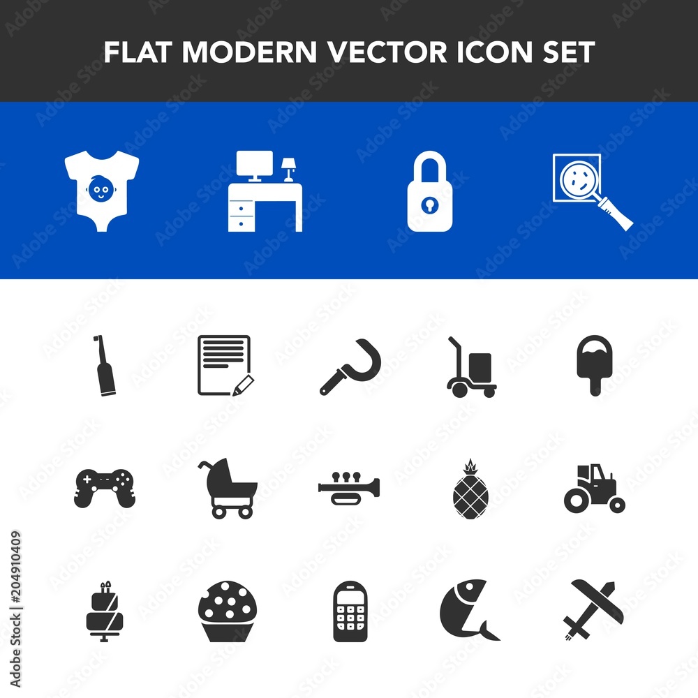Modern, simple vector icon set with tooth, find, cargo, kid, electric, trumpet, table, stroller, clothing, joystick, write, harvest, package, game, agriculture, clothes, music, search, office icons Modern, simple vector icon set with tooth, find, cargo, kid, electric, trumpet, table, stroller, clothing, joystick, write, harvest, package, game, agriculture, clothes, music, search, office icons