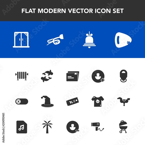 Modern, simple vector icon set with sound, meat, heater, window, food, trumpet, paper, location, circus, fish, turn, flight, off, hat, house, guitar, water, ticket, map, home, boiler, grill, sea icons