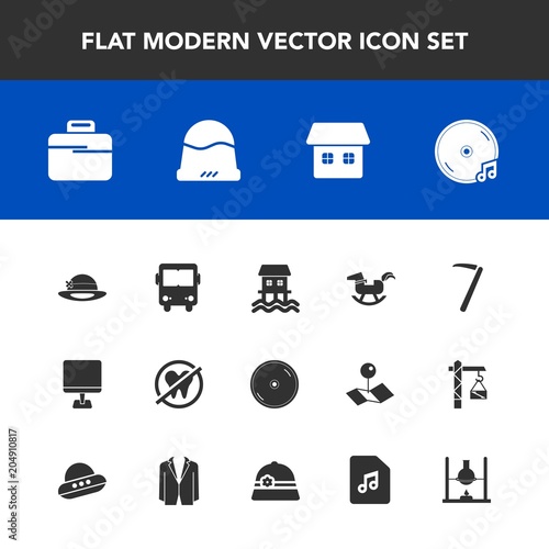 Modern, simple vector icon set with hat, wrench, home, transport, headwear, laptop, white, cd, duck, clothing, spanner, tool, transportation, horse, house, science, boat, equipment, disk, dvd icons