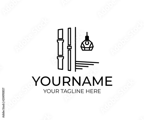 Construction with sewerage, water supply, electric lighting and floor covering, logo template. Build building, property, house and home, vector design. Project and blueprint of multi-storey building