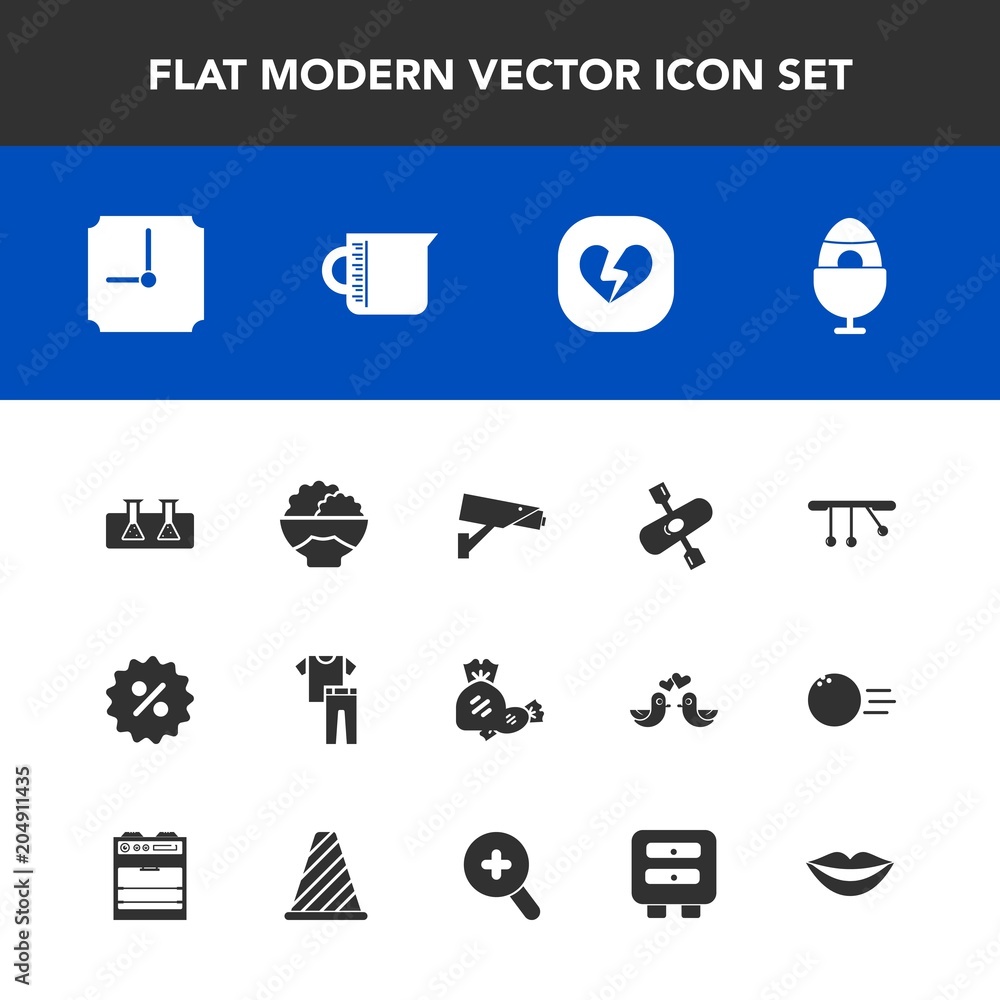 Modern, simple vector icon set with glass, kayaking, lollipop, agriculture, rice, water, shirt, food, transparent, clock, sale, price, spring, percent, candy, safety, easter, lips, science, test icons