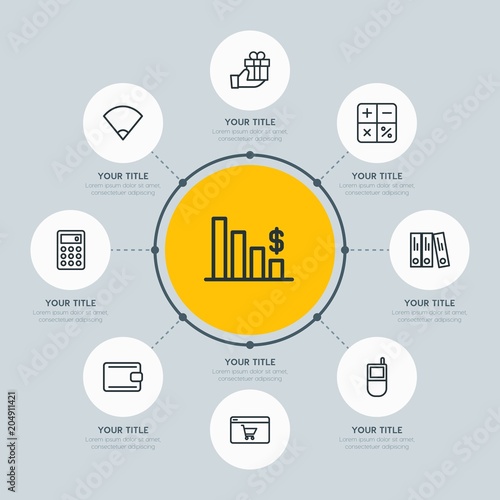 Circle network chart business, mobile, shopping infographic template with 8 options for presentations, advertising, annual reports.