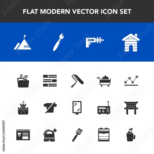 Modern, simple vector icon set with food, news, service, house, file, tool, hot, street, estate, space, restaurant, science, graph, drink, newspaper, plastic, stats, sign, weapon, chart, roller icons