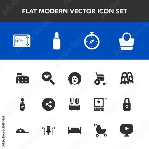 Modern, simple vector icon set with stroller, brush, clothing, sport, finance, holiday, video, north, bank, mascara, architecture, wheelchair, city, character, button, leather, handicap, sign icons