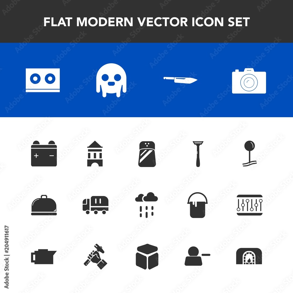 Modern, simple vector icon set with knife, technology, rainy, restaurant, delivery, space, razor, ufo, fireplace, battery, transport, delete, photography, drop, camera, christmas, monster, water icons Modern, simple vector icon set with knife, technology, rainy, restaurant, delivery, space, razor, ufo, fireplace, battery, transport, delete, photography, drop, camera, christmas, monster, water icons