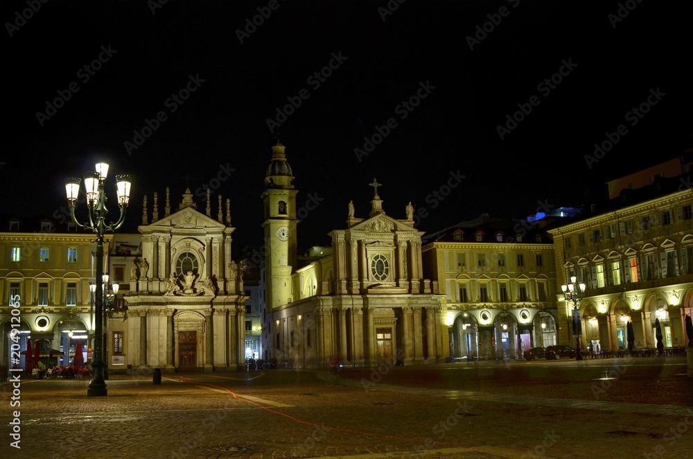 Turin, Piedmont, Italy May 12 2018. Piazza San Carlo at night, one of the most beautiful squares in Turin.