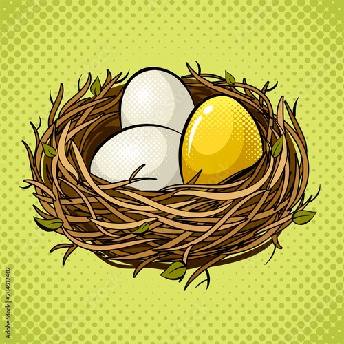 Nest with golden egg pop art vector illustration