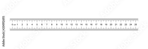 Ruler 25 cm. Measuring tool. Ruler Graduation. Ruler grid 25 and 1 cm. Size indicator units. Metric Centimeter size indicators. Vector AI10