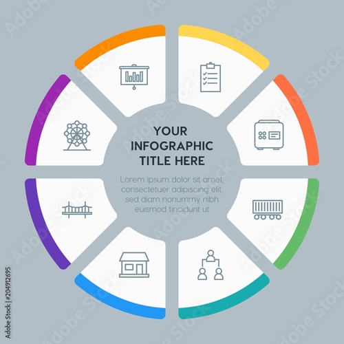 Circle chart business, industry, buildings infographic template with 8 options for presentations, advertising, annual reports