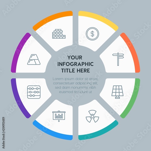 Circle chart business, industry, buildings infographic template with 8 options for presentations, advertising, annual reports