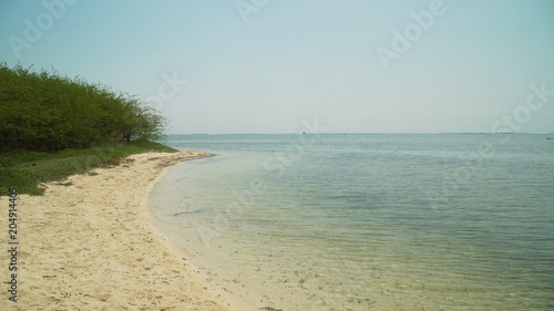 Fototapeta Naklejka Na Ścianę i Meble -  Tropical island with white sandy beach in blue lagoon. Tondol white sand beach with turquoise water. Seascape, ocean and beautiful beach. Philippines, Anda, Pangasinan. Travel concept.
