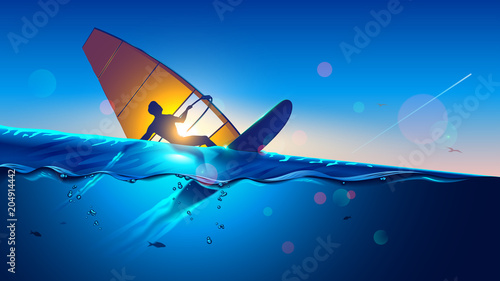 Windsurfing. Young man on wind surfing board flying at waves and touching water surface. Windsurfer on sea landscape. Extreme sport.